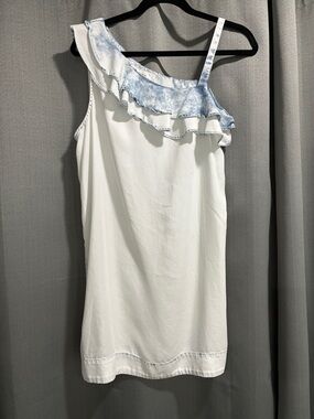 HOLDING HORSES White Dress Midi with Light Blue Subtle Tie-Dye Ruffle SP
